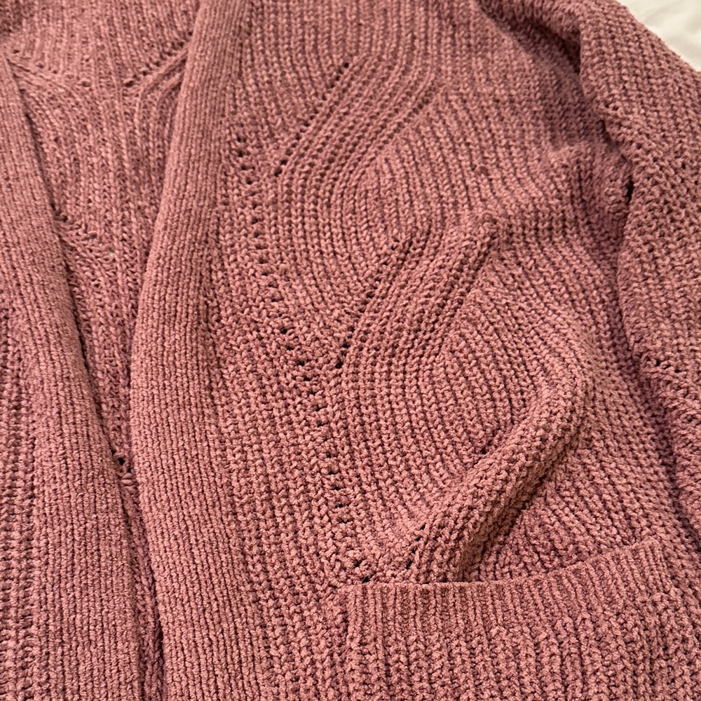 Pink Rose Mauve Open Front Knit Cardigan Sweater Size L Boho Ribbed - Picture 3 of 4